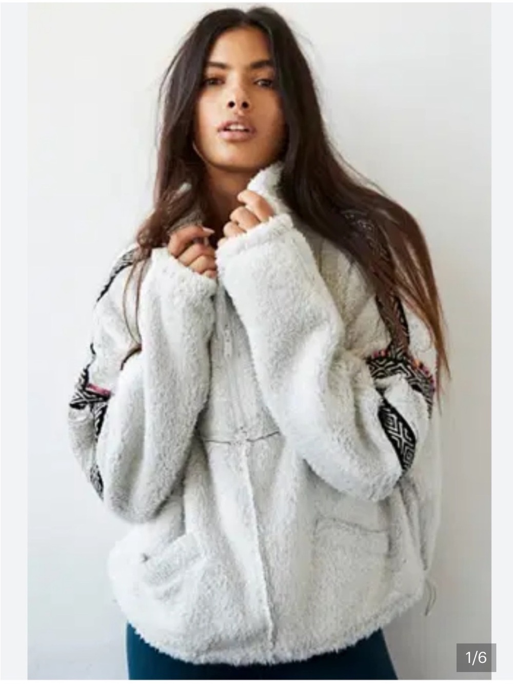 Free People taupe Plush Teddy Jacket with Patterned Sleeve Accents